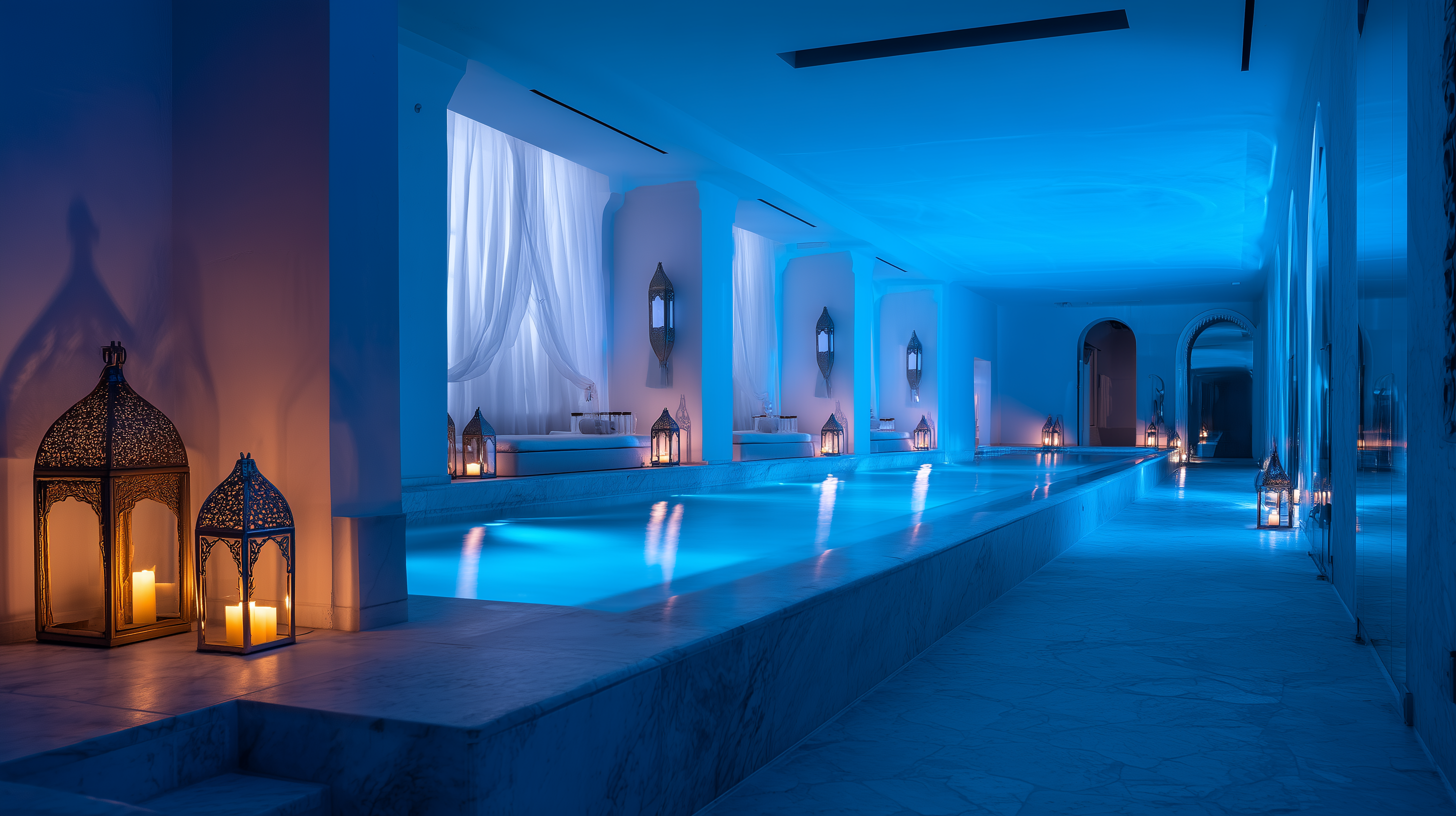 Thermal spa circuit with stone pools at different temperatures connected by wet stone pathways